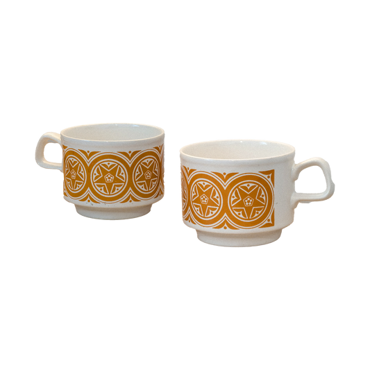 Vintage Stackable Coffee Cups with Orange Geometric Pattern - Set of 2